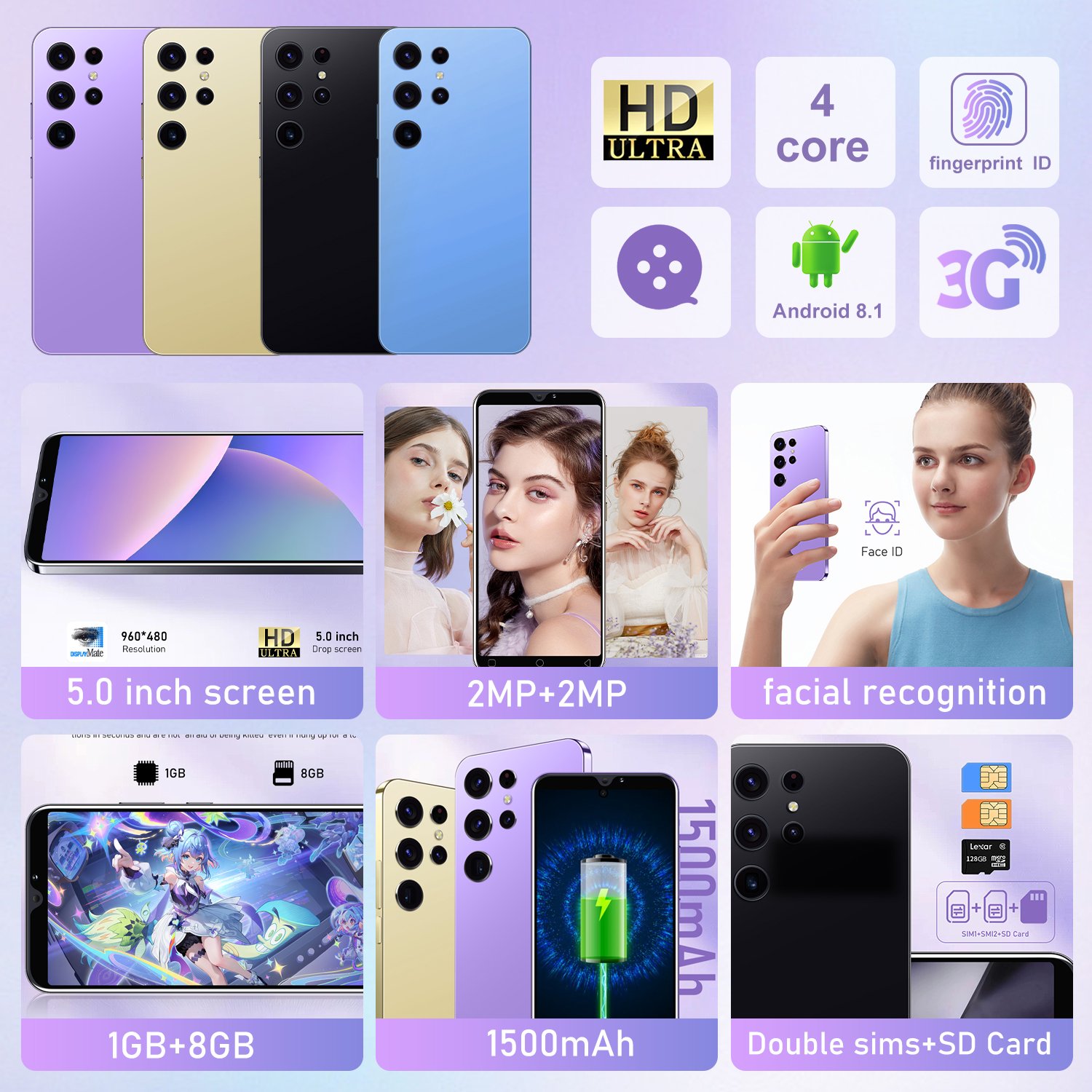 Best Very Cheap Mobile phone S24 Ultra 5.0" Full Screen 1GB+8GB 2MP+2MP 1500mAh Smartphone with GPS Face ID Cellphone